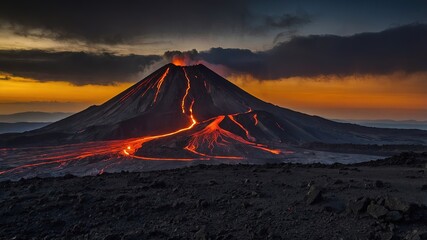 Vistas panorámicas de un paisaje volcánico con un cono activo, la lava incandescente creando senderos brillantes en la noche.