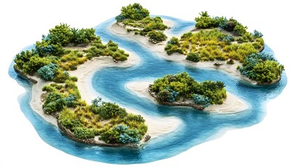 Tropical island archipelago with winding waterways.