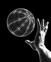 Detailed digital illustration of a wireframe hand reaching for a basketball, rendered with a realistic feel. Vector illustration