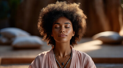 Afroamerikanische Frau praktiziert Meditation im Freien mit geschlossenen Augen und friedlichem Gesichtsausdruck