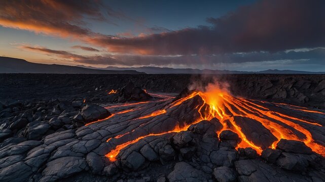 Majestuoso volc&aacute;n en erupci&oacute;n nocturna, mostrando la fuerza bruta de la naturaleza con flujos de lava rojizos contra el cielo crepuscular