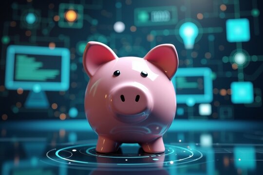 New Concept Photo: Piggy Bank in a Futuristic Setting, Blending Traditional Savings with Modern Financial Technology