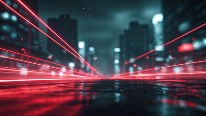 Red laser beams illuminating night cityscape with wet asphalt road