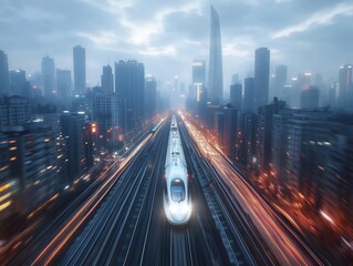 high-speed train moving through a cityscape at night, with motion blur emphasizing its speed. The city lights create a vibrant backdrop.