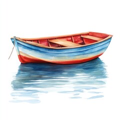 Naklejka premium Watercolor painting of a small, colorful rowboat resting on calm water