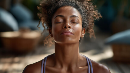 Afroamerikanische Frau praktiziert Meditation im Freien mit geschlossenen Augen und friedlichem Gesichtsausdruck