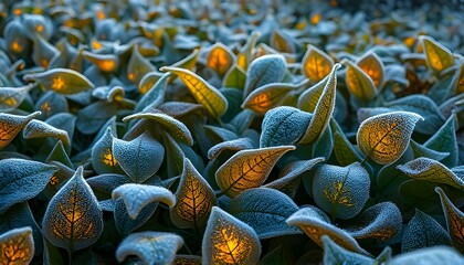 A field of frosted leaves in winter, each leaf's frost patterns subtly shifting into glowing, intricate digital glyphs.