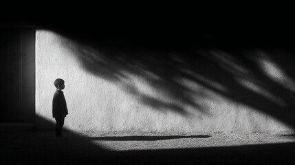 Silhouetted child gazing at shadows cast on a textured wall during twilight in a quiet desolate space emanating mystery and contemplation