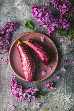Two heirloom striped purple aubergines arranged on a mauve-colored plate. Lilac flowers are scattered around the plate and on the custom gray stone surface. The image is a pleasing color study in vari