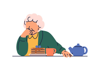 An elderly woman had lost her appetite and refused to eat her meal, pancake and tea. Flat illustration vector isolated on white background