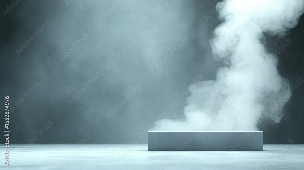 Poster mystical cloud over block: a minimalist arrangement of a block, with a fluffy cloud of smoke swirlin