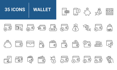 Wallet set of web icons in line style. A collection of linear icons representing wallet concepts, including cash, credit cards, digital wallet, money, security, payment, mobile wallet. Editable stroke