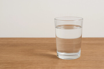 glass of water on wooden table. Space for text