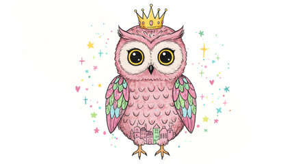 Adorable Pink Princess Owl with Crown Cute Cartoon Illustration