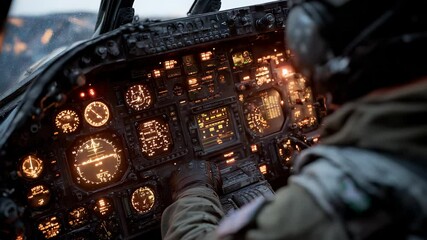 Pilot in Cockpit Flying Jet Fighter Plane, Illuminated Instrument Panel, Gauges, Screens, Military Aviation, High-Tech Avionics, Night Flight - Powered by Adobe