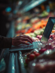 Person using laptop in front of produce display with focus on hands and keyboard in a supermarket aisle