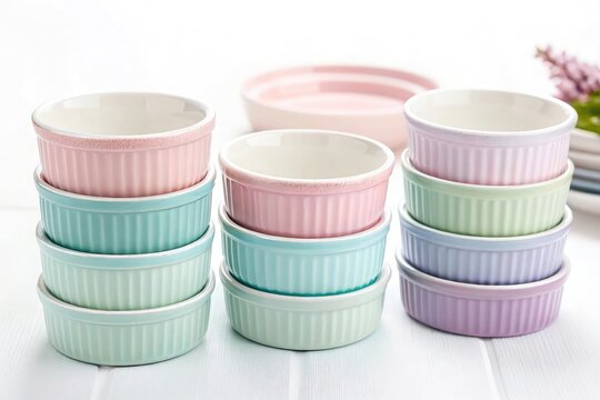 Pastel colored ceramic ramekins stacked on white table - Powered by Adobe