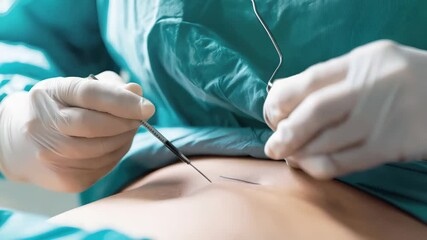 Surgical professional carefully performing precise medical intervention, focusing on delicate abdominal procedure with sterilized hands wearing surgical gloves