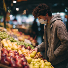 A man wearing a mask selects fruit at a market with various apples and pears in the foreground display