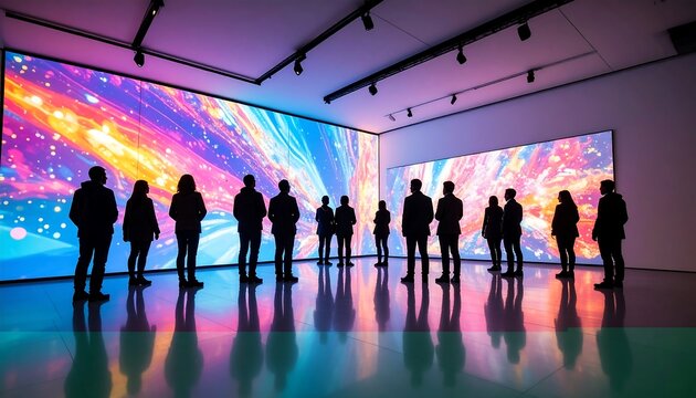 Silhouetted figures in front of large art display