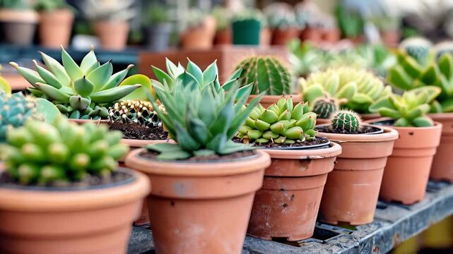 Rows of small terracotta pots containing various succulent plants on display in a greenhouse or nursery