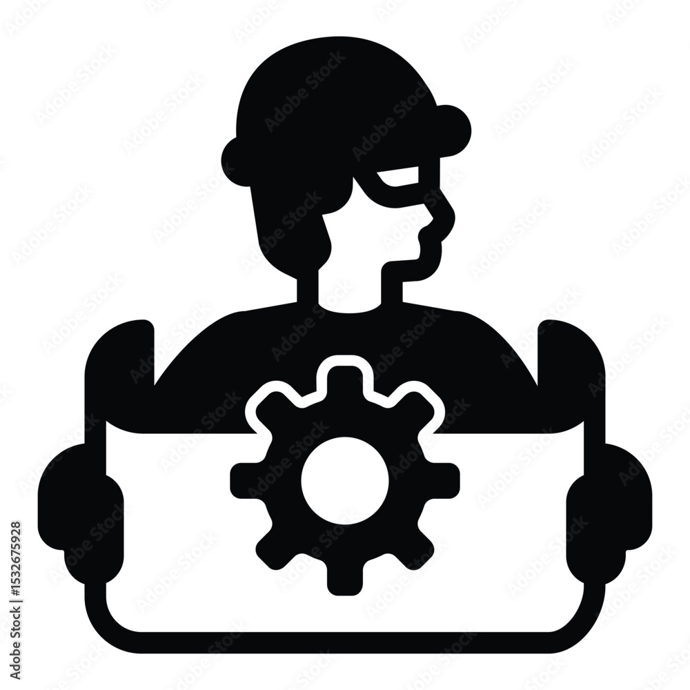 Poster engineer man with project and cogwheel solid icon, neural dataset concept. vector graphics. develope