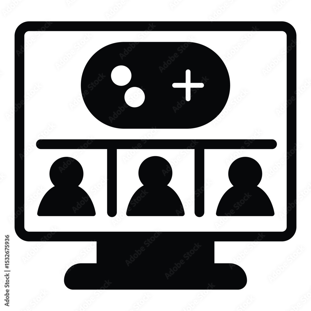 Poster monitor screen with users and joystick solid icon, neural dataset concept. vector graphics. display 