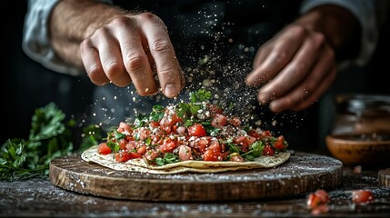 A skilled chef prepares the Mexican national dish, tacos.  The dish appears to be a flatbread topped with diced tomatoes and herbs.