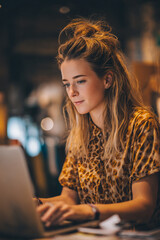 Young woman with blonde hair in a bun working on a laptop in a dimly lit cafe environment indoors
