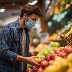 Man in mask selects an apple at a grocery store with produce and wearing a blue plaid shirt indoors
