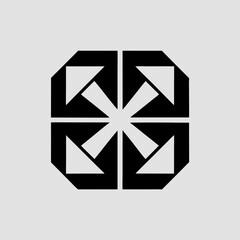 Create an intricate modular logo icon for a portfolio management brand. Use a component-based layout with squares and triangles arranged in a balanced composition. The logo should reflect diversificat