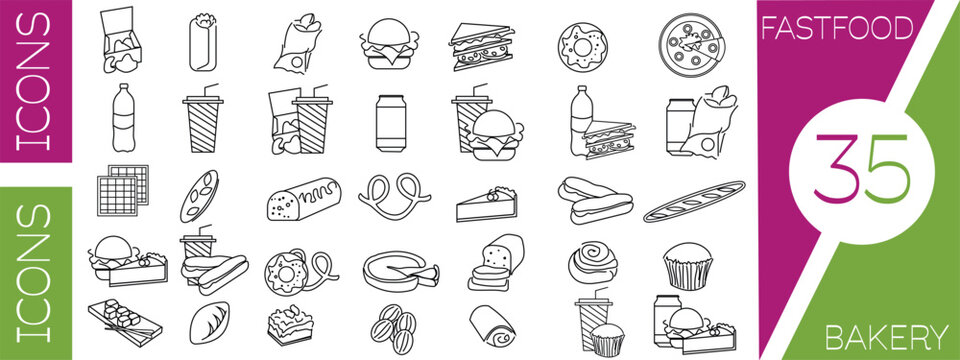 Set of vector icons of fast food and bakery. Original vector icons of food and drinks.
