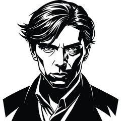 Striking line art black and white portrait illustration