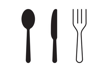 Fork and spoon icon vector set. Restaurant utensil symbol. Dinner dish or plate with spoon and fork sign outline for apps and websites. Silverware solid monochrome icon set. Fork, Spoon and Knife icon