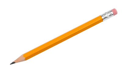 A sharpened yellow wooden pencil with a pink eraser and metal ferrule.