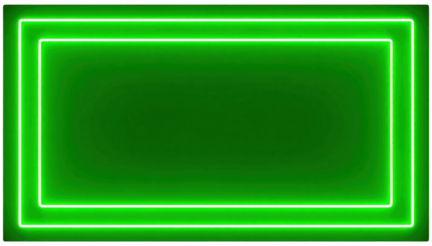 A glowing green neon rectangular frame with two inner rectangles, creating a futuristic and vibrant light effect.
