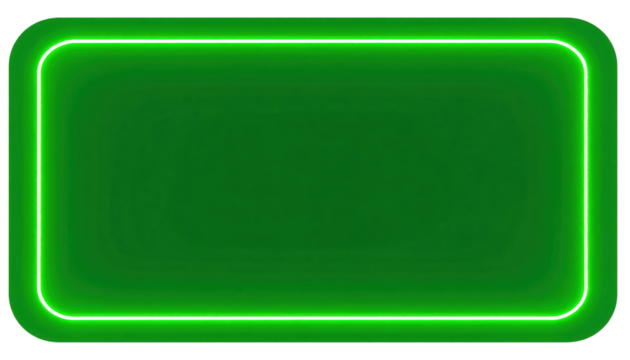 A glowing green rectangular neon light frame with rounded corners emitting a bright, vibrant illumination.