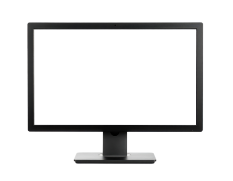 A widescreen black computer monitor with a rectangular screen and a sturdy rectangular base stand.