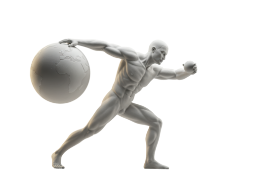 Isolated Muscular Man Holding Earth Globe and Small Ball