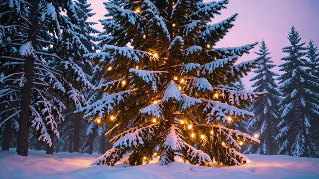 Snowy pine forest with Christmas lights glowing on a single tree at sunset in winter