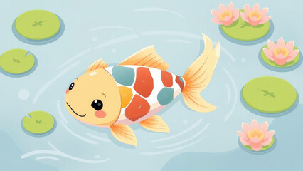 koi carp swimming in pond, ornamental fish, japanese garden, nature, stones, water, animal, illustration, cartoon