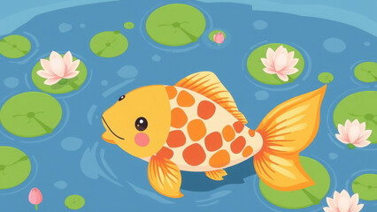 koi carp swimming in pond, ornamental fish, japanese garden, nature, stones, goldfish, water, animal, illustration, cartoon