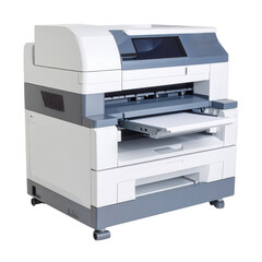 A large office printer with multiple trays and a control panel designed for high-volume document printing and copying tasks.