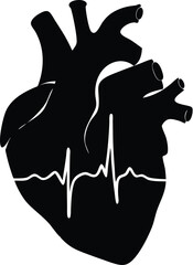 Black and White Illustration of an Anatomical Heart with an ECG Waveform Overlay
