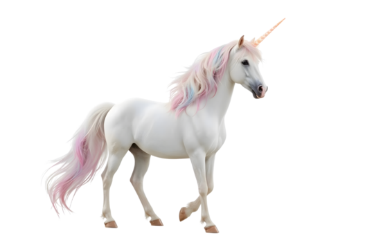 White unicorn with pastel mane and tail, profile view