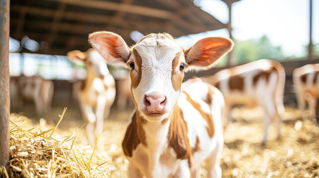 A curious calf stands in a barn, surrounded by hay and other cows.