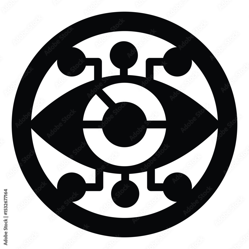 Poster eye circle with connections solid icon, neural network concept. vector graphics. visual recognition 