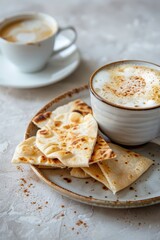 A creamy cappuccino with cinnamon dust served on a rustic plate with warm pita bread. Another cup in the background adds depth to this cozy, inviting breakfast moment.