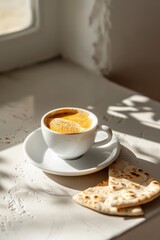 A cup of fresh espresso with rich crema sits on a white saucer by a sunlit window, accompanied by slices of pita bread. Minimal, warm, and inviting morning scene with natural shadows.
