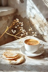 A white cup of espresso with rich crema on a saucer, placed beside soft pita bread on a textured surface. Sunlight and dried flowers create a warm, rustic morning atmosphere.
